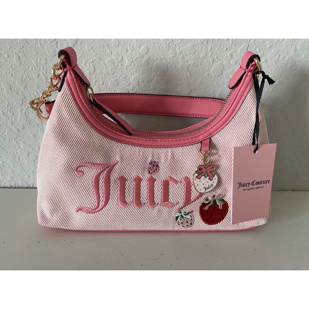 Juicy Couture Berry Sweet Hobo Shoulder Bag Pink Strawberry With Charm NEW